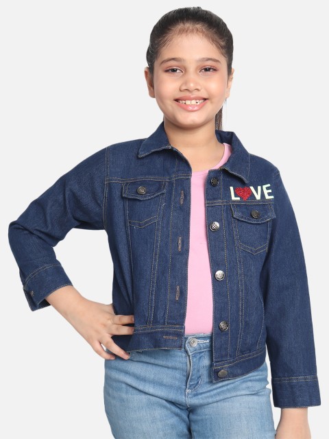 

MONTREZ Girls Navy Blue Solid Denim Jacket