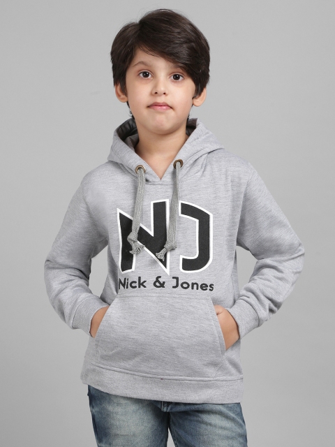 

Nick and Jones Boys Grey Melange & Black Brand Logo Print Hooded Sweatshirt