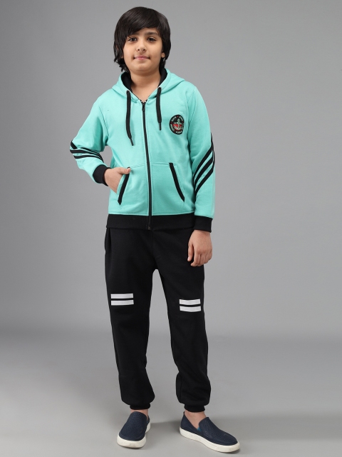 

Nick and Jones Boys Sea Green & Black Solid Cotton Tracksuit