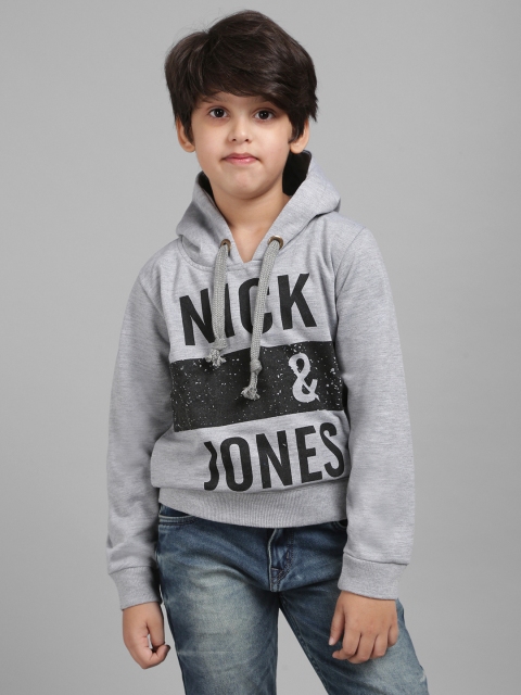 

Nick and Jones Boys Grey Melange & Black Brand Logo Printed Hooded Sweatshirt