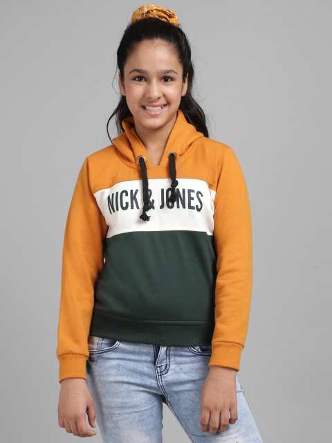 

Nick and Jones Boys Mustard Yellow & Olive Green Colourblocked Hooded Sweatshirt