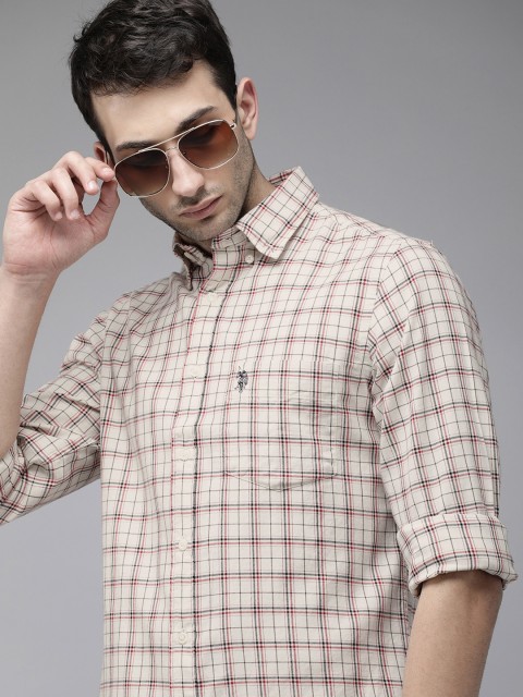 

U. S. Polo Assn. Men Off White Grid Tattersall Checks Opaque Pure Cotton Casual Shirt