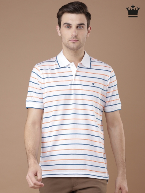 

Louis Philippe Men White & Orange Striped Polo T-shirt