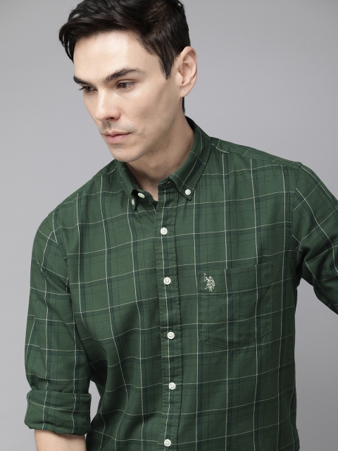 

U.S. Polo Assn. Men Olive Green & Navy Cotton Tailored Fit Tartan Checked Casual Shirt