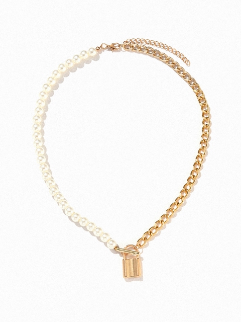 

URBANIC Gold-Toned & Off White Half Beaded Half Link Necklace