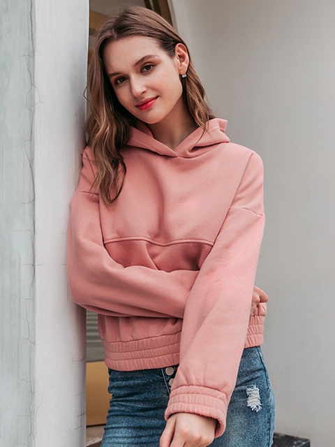 

URBANIC Women Pink Solid Hooded Sweatshirt