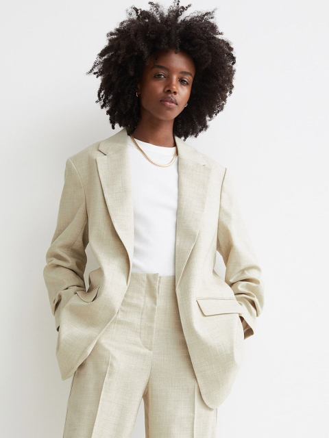 

H&M Women Beige Self-Design Gathered-Sleeve Jacket