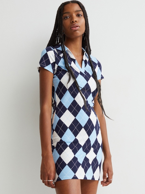 

H&M Women Blue & White Checked Collared Jersey Dress
