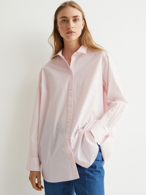 

H&M Women Pink Solid Cotton Shirt