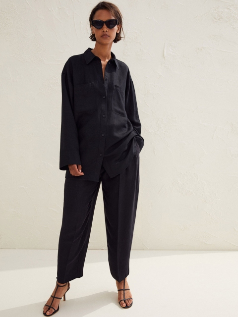 

H&M Women Black Solid Linen-Blend Shirt