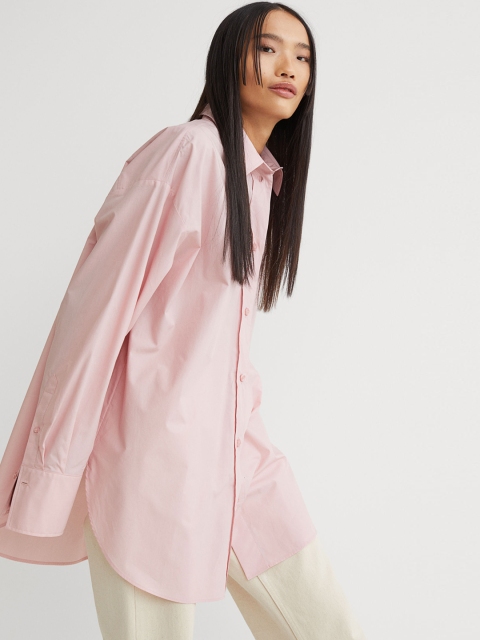 

H&M Women Pink Solid Cotton Poplin Shirt