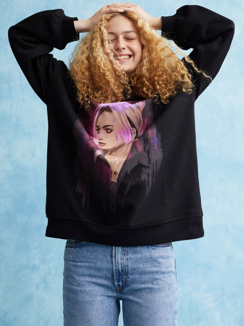 

H&M Women Black & Burgundy Oversized Printed Sweatshirt