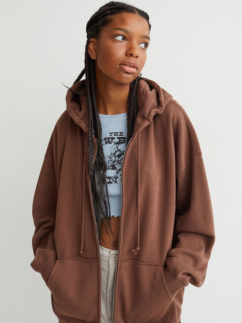 

H&M Women Brown Solid Oversized Zip-Through Hoodie