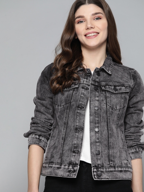 

Mast & Harbour Women Charcoal Grey Pure Cotton Washed Denim Jacket