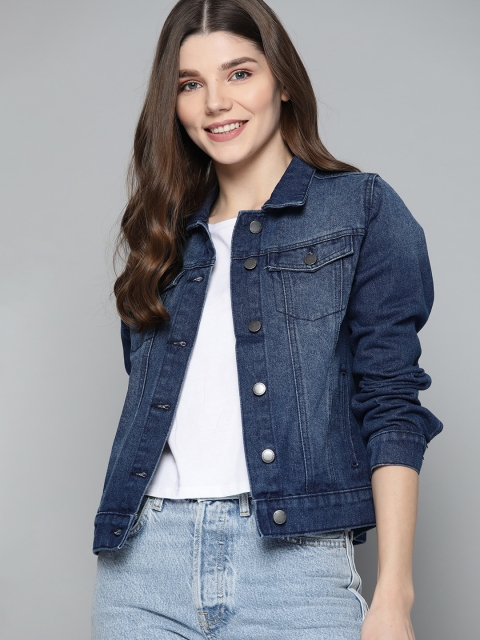 

Mast & Harbour Women Navy Blue Pure Cotton Washed Denim Jacket