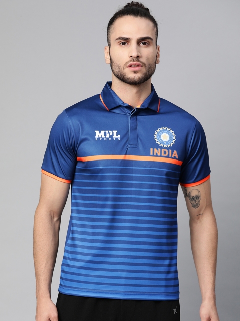 

MPL Sports Men Official Team India Fan Uneven & Orange Stripes Polo, Blue