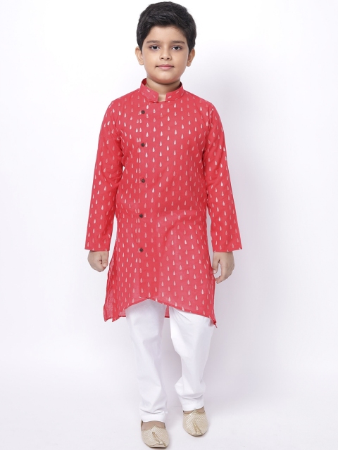 

NAMASKAR Boys Red & Silver-Toned Ethnic Motifs Woven Designed Angrakha Kurta