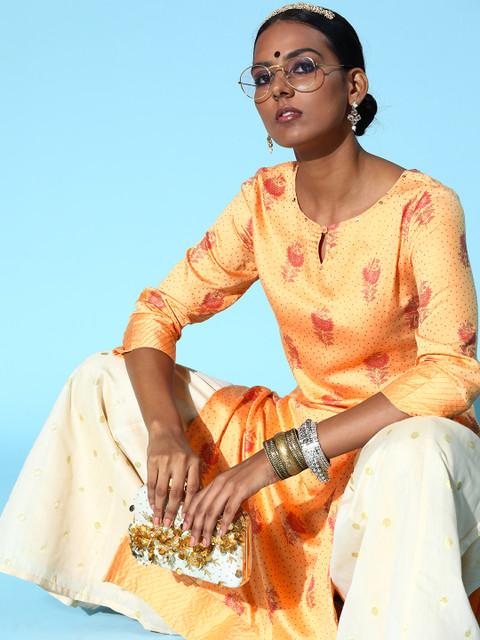 

HERE&NOW Women Multicoloured Floral Printed Keyhole Neck Floral Satin Kurta, Multi