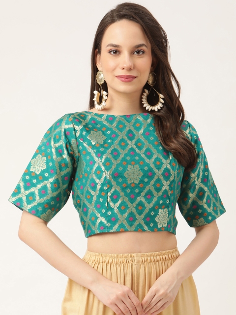 

Studio Shringaar Women Green & Gold-Toned Brocade Readymade Saree Blouse