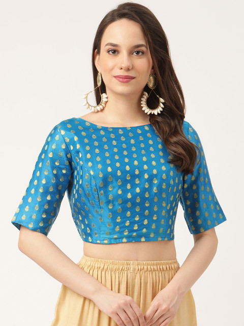 

Studio Shringaar Blue & Gold-Toned Woven Design Banaras Satin Brocade Saree Blouse