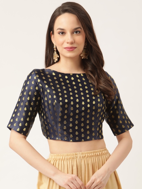 

Studio Shringaar Women Navy Blue & Gold-Toned Woven Design Saree Blouse