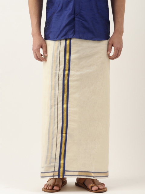 

Thangamagan Off-White & Navy Blue Solid Cotton Fancy Border Dhoti With Stripe Detail