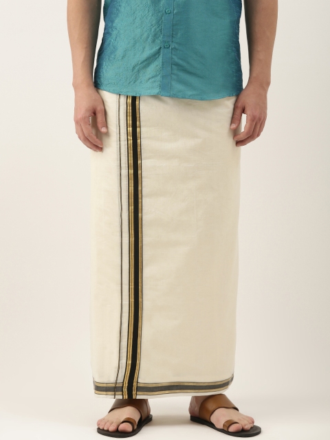 

Thangamagan Off-White & Black Solid Cotton Fancy Border Dhoti With Stripe Detail