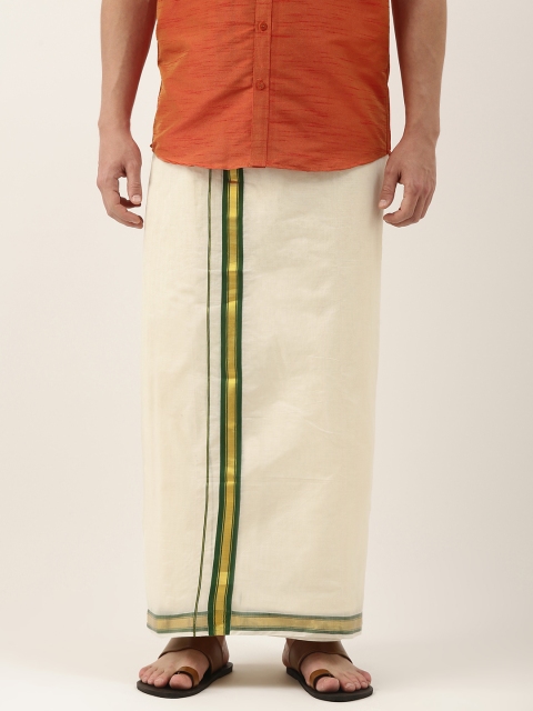 

THANGAMAGAN Men Off-White Solid Pure Cotton Dhoti with Fancy Border