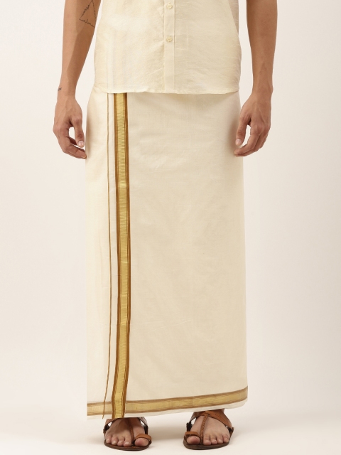 

THANGAMAGAN Men Off-White Solid Pure Cotton Dhoti with Fancy Border