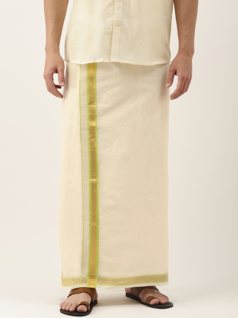 

Thangamagan Men Off-White & Green Solid Cotton Fancy Border Dhoti With Stripe Detail