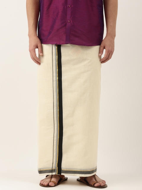 

THANGAMAGAN Men Off-White Solid Pure Cotton Dhoti with Fancy Border