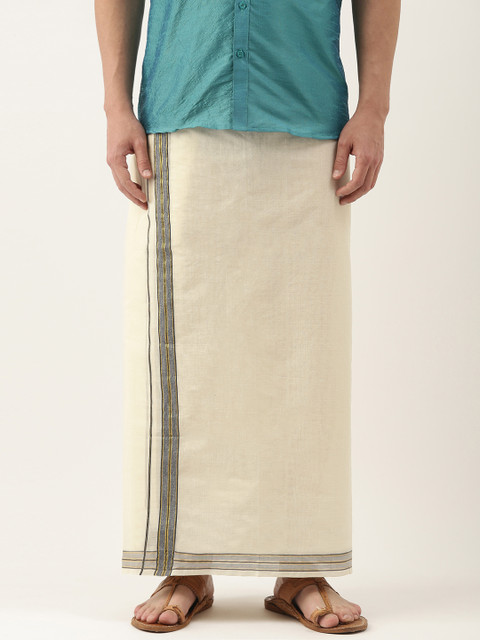 

THANGAMAGAN Men Off-White Solid Pure Cotton Dhoti with Fancy Border