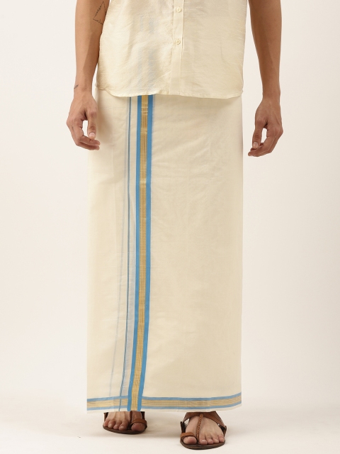 

THANGAMAGAN Men Off-White Solid Pure Cotton Dhoti with Fancy Border