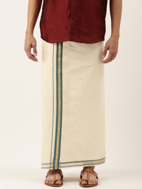 

THANGAMAGAN Men Off-White Solid Pure Cotton Dhoti With Green Border