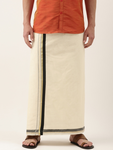 

THANGAMAGAN Men Off-White Solid Pure Cotton Dhoti with Fancy Border