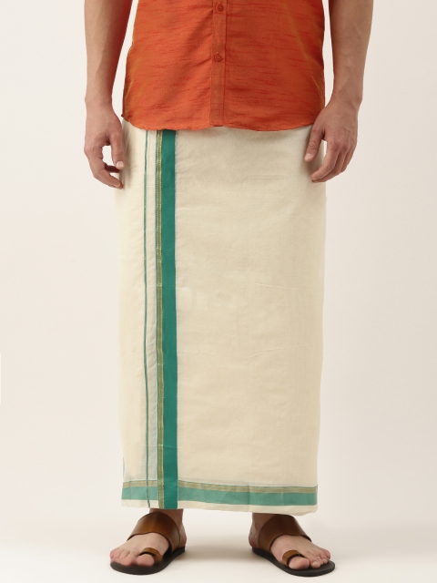 

THANGAMAGAN Men Off-White Solid Pure Cotton Dhoti With Green Border