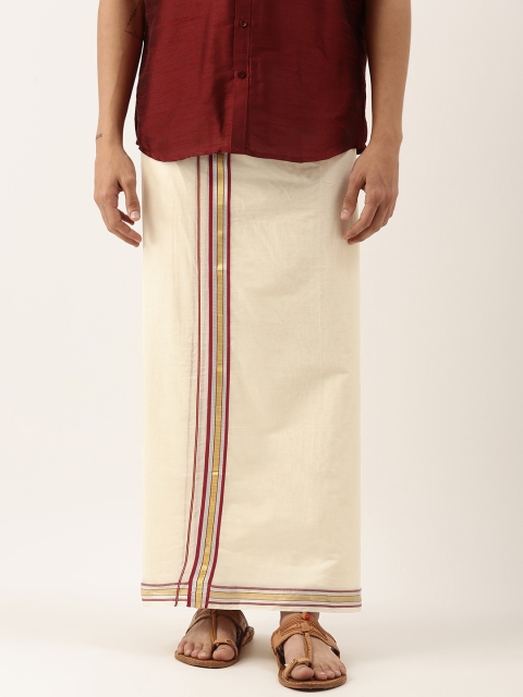 

Thangamagan Off-White & Red Solid Cotton Fancy Border Dhoti With Stripe Detail