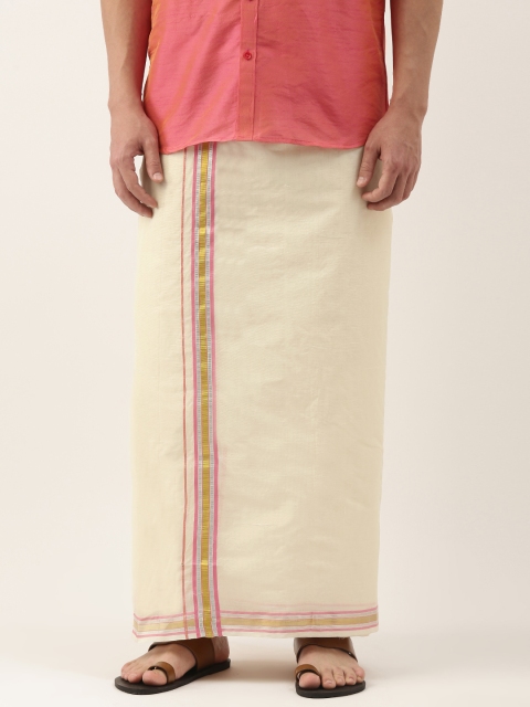 

Thangamagan Off-White & Pink Solid Cotton Fancy Border Dhoti With Stripe Detail