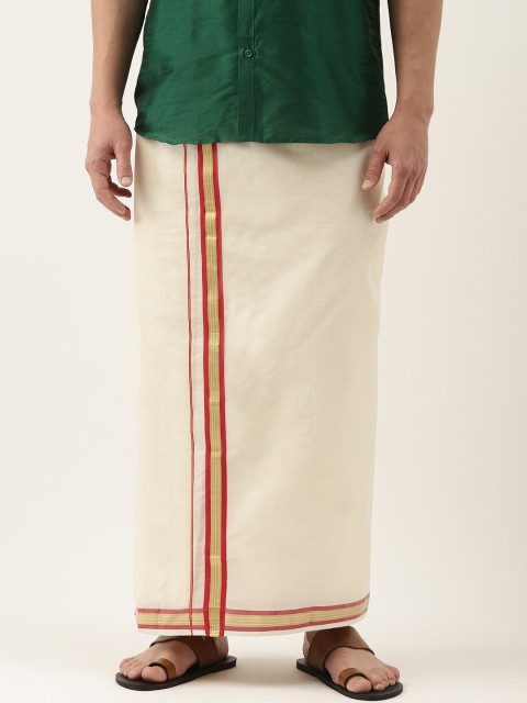 

THANGAMAGAN Men Off-White Solid Dhoti With Red Border