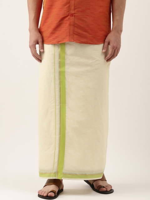

Thangamagan Men Off-White & Green Solid Cotton Fancy Border Dhoti With Stripe Detail