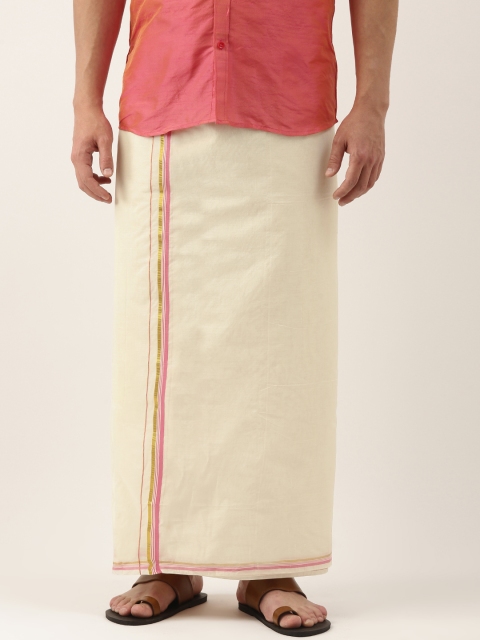 

THANGAMAGAN Men Off-White Solid Pure Cotton Dhoti with Fancy Border