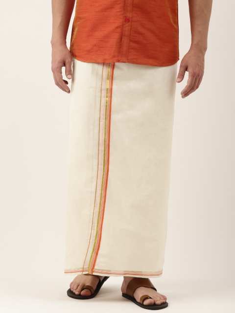 

THANGAMAGAN Men Off-White Solid Pure Cotton Dhoti with Fancy Border