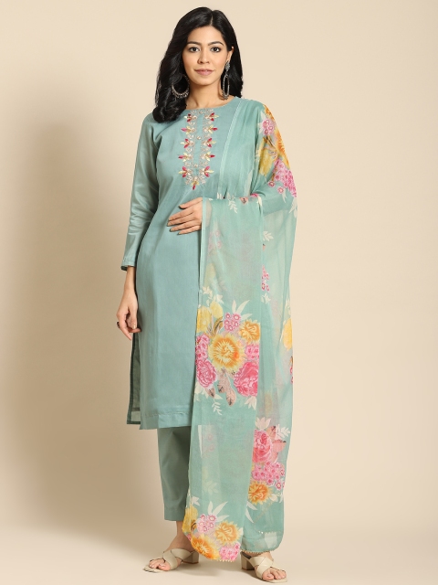 

Saree mall Sea Green Embroidered Unstitched Dress Material