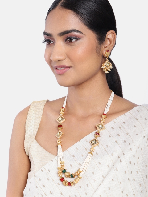 

I Jewels Gold-Plated Green & Maroon Pearl-Studded Beaded Embellished Jewellery Set