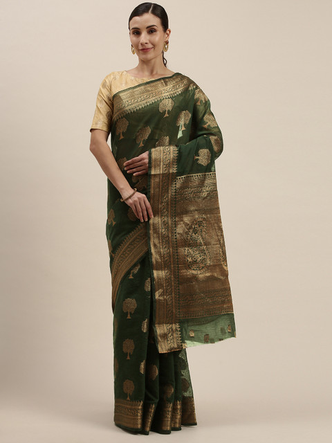 

Mitera Olive Green & Gold-Toned Ethnic Motifs Zari Saree