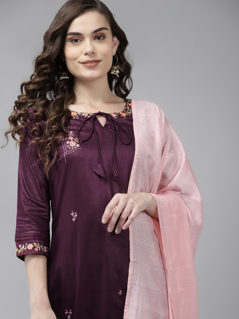 

Indo Era Women Purple Floral Embroidered Regular Kurta with Palazzos & Dupatta