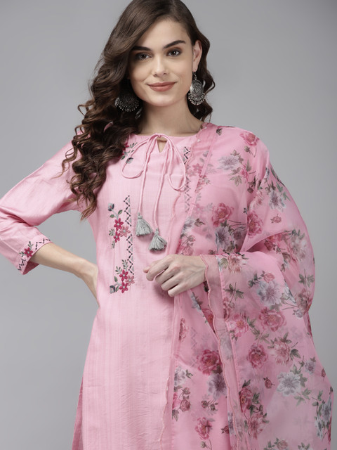 

Indo Era Women Pink Floral Embroidered Regular Kurta with Trousers & With Dupatta