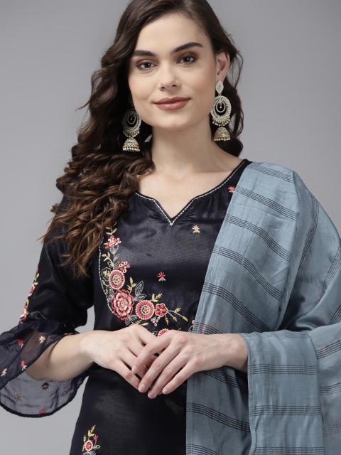 

Indo Era Women Charcoal Floral Embroidered Regular Thread Work Kurta with Trousers & With Dupatta