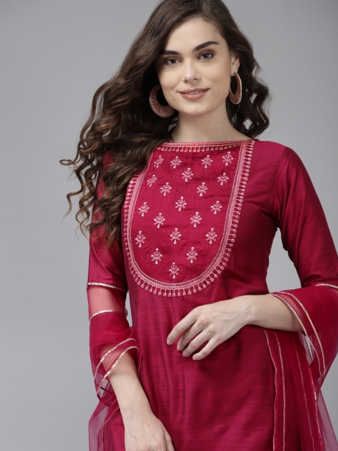 

Indo Era Women Pink Embroidered Regular Gotta Patti Kurta with Palazzos & Dupatta