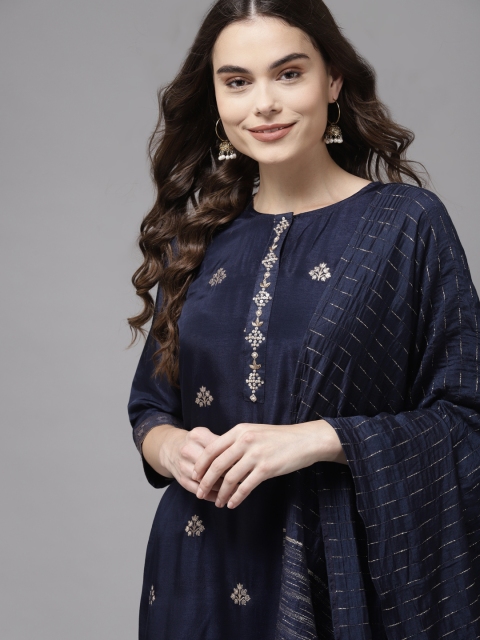 

Indo Era Women Navy Blue Floral Embroidered Regular Liva Kurta with Palazzos & With Dupatta